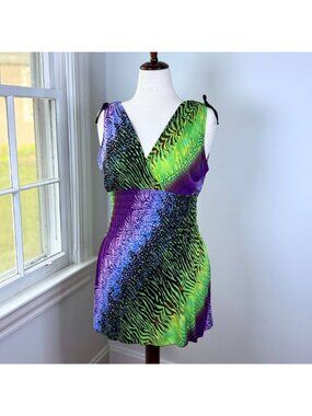 Y2K Fit and Flare Mini Dress Stretchy Smocked Waist Neon Purple Green Small Rave